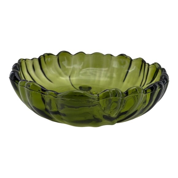 Vintage MCM Indian Glass Footed Bowls Footed Avacado Green Sunflower Scalloped - Picture 3 of 13